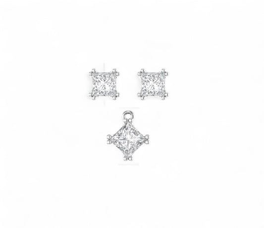 Princess Cut Solitaire Diamond Earrings and Pendant Set