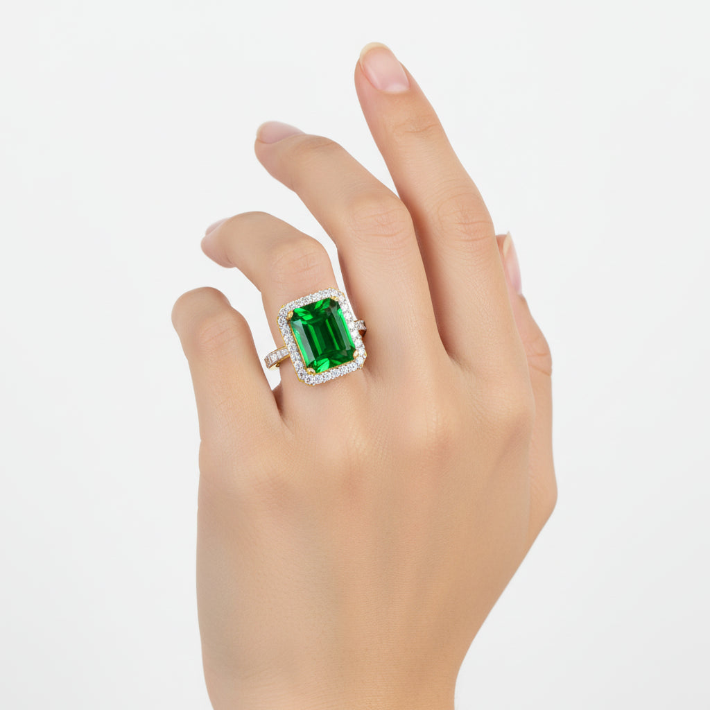 Emerald Cut Green Gem Halo Ring