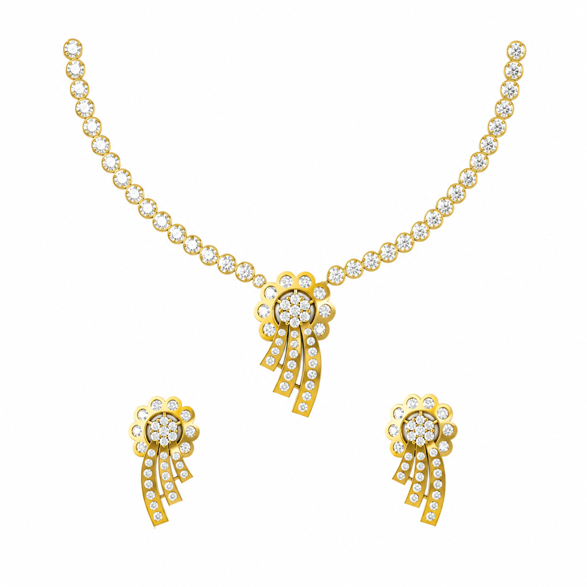 Experience the elegance of the Luminous Bloom diamond necklace set, featuring a stunning 2.51 ct floral design crafted in 14K gold. Perfect for weddings and formal events. Discover your next timeless jewelry masterpiece.