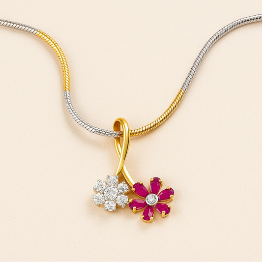 Gold Diamond Deep Rani Pink Floral Pendant