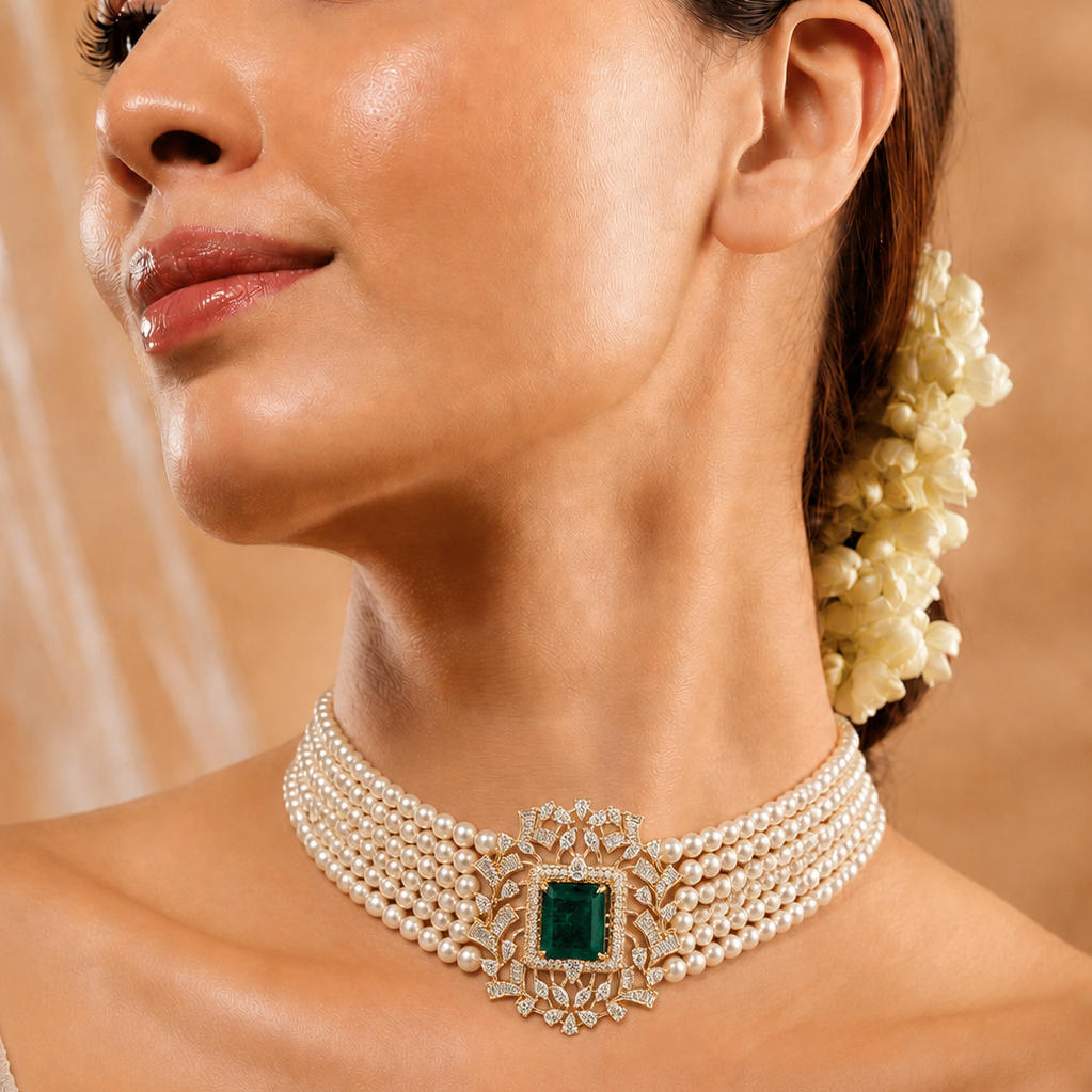 Discover the emerald and diamond choker pendant, a breathtaking statement piece featuring a central 11.12ct emerald framed by intricate diamond floral motifs. Crafted in premium 14K or 18K gold. Elevate your ethnic attire with this artisanal, luxurious choker centerpiece.