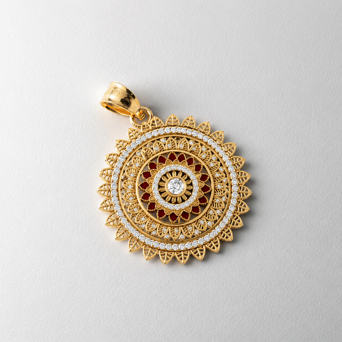 The Mandala Art Statement Pendant from our Inspired by Art Collection is a wearable work of art. Designed to mirror the complexity of mandala patterns, this pendant draws the eye with its vibrant red enamel work and carefully placed diamond clusters. Whether you are a lover of artistic jewelry or seeking a meaningful, statement-making accessory, this pendant offers a unique blend of heritage and high-end luxury.