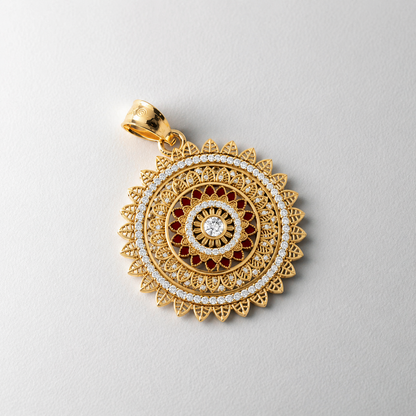 The Mandala Art Statement Pendant from our Inspired by Art Collection is a wearable work of art. Designed to mirror the complexity of mandala patterns, this pendant draws the eye with its vibrant red enamel work and carefully placed diamond clusters. Whether you are a lover of artistic jewelry or seeking a meaningful, statement-making accessory, this pendant offers a unique blend of heritage and high-end luxury.