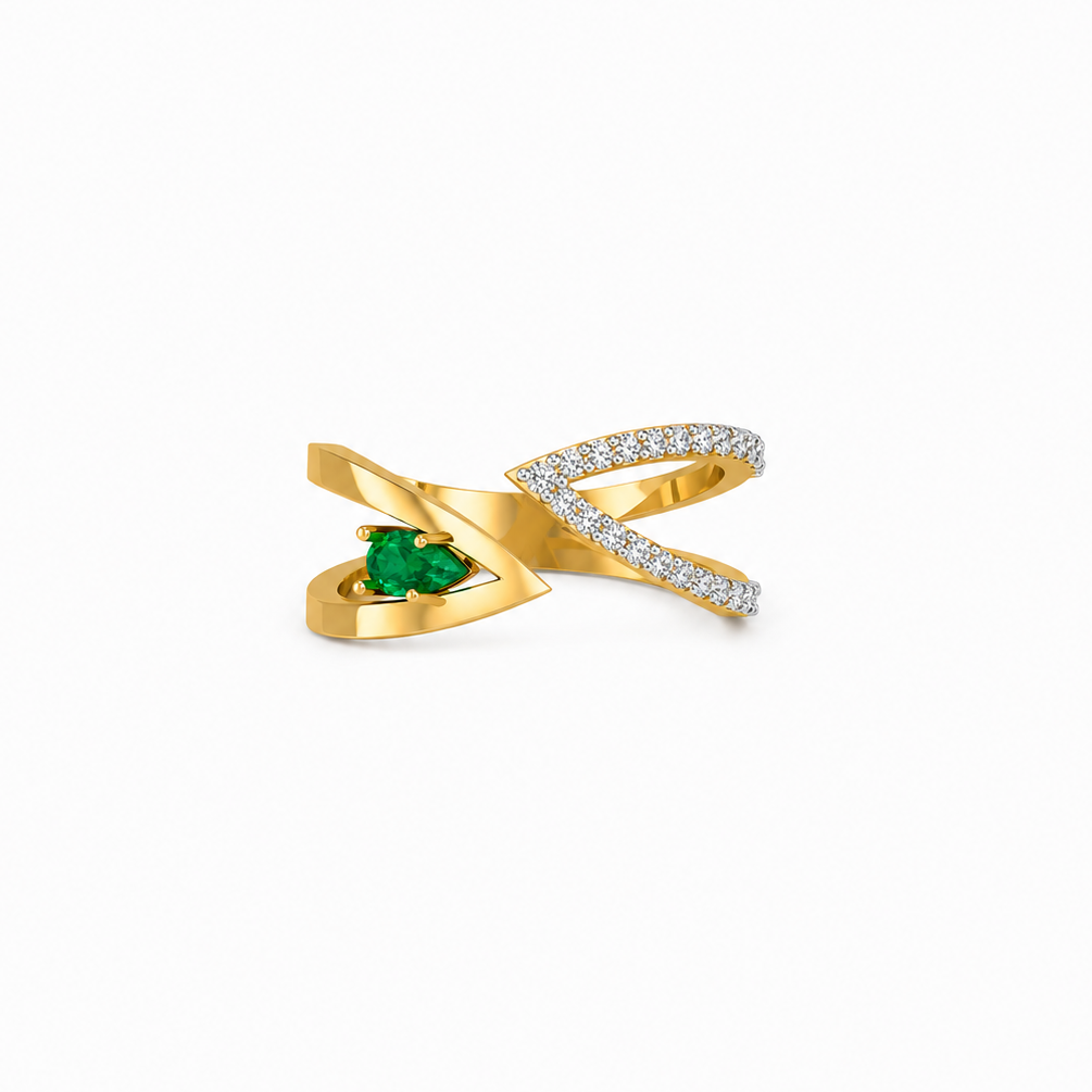 Discover the modern intertwined ring, a sophisticated 14K or 18K gold bypass band featuring a pear-cut stone and 21 sparkling diamonds. Perfect as a unique fashion statement. View exact dimensions and technical specifications in LR6214.jpeg. Elevate your jewelry collection with this masterfully crafted gold piece today.