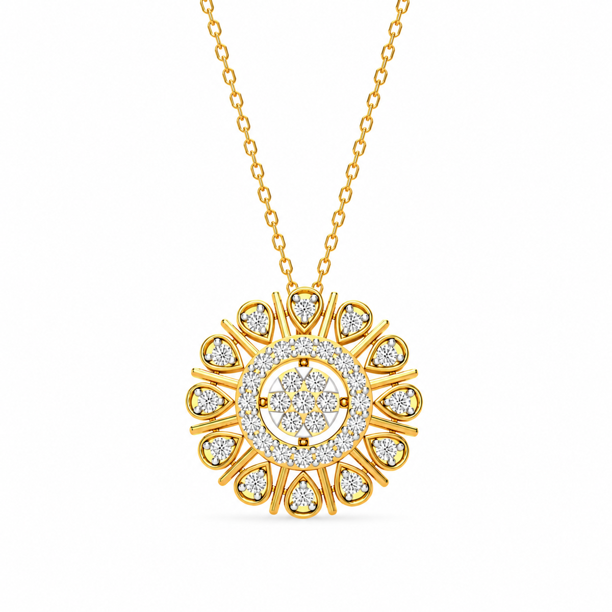Discover the ornate geometric bloom pendant, a sophisticated 14K or 18K gold charm featuring 35 brilliant diamonds in a unique, layered floral-inspired design. Elevate your jewelry collection with this masterfully crafted, high-end gold pendant today.