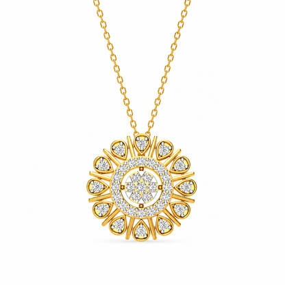 Discover the ornate geometric bloom pendant, a sophisticated 14K or 18K gold charm featuring 35 brilliant diamonds in a unique, layered floral-inspired design. Elevate your jewelry collection with this masterfully crafted, high-end gold pendant today.