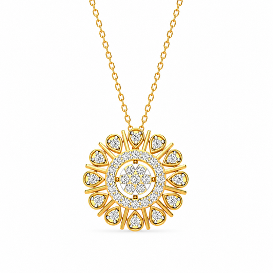 Discover the ornate geometric bloom pendant, a sophisticated 14K or 18K gold charm featuring 35 brilliant diamonds in a unique, layered floral-inspired design. Elevate your jewelry collection with this masterfully crafted, high-end gold pendant today.