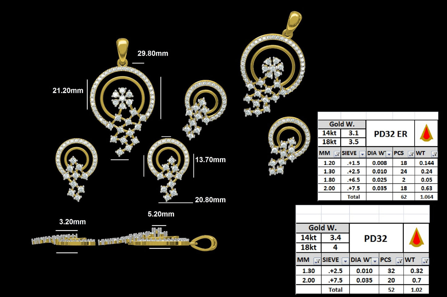 Radiant Halo Cascade Diamond Pendant and Earring Set