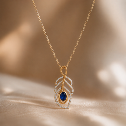 Discover the elegance of our Peacock Feather Gemstone Pendant. Hand-crafted with an 8.00x6.00mm oval gem and 66 diamonds in 14K/18K gold.
