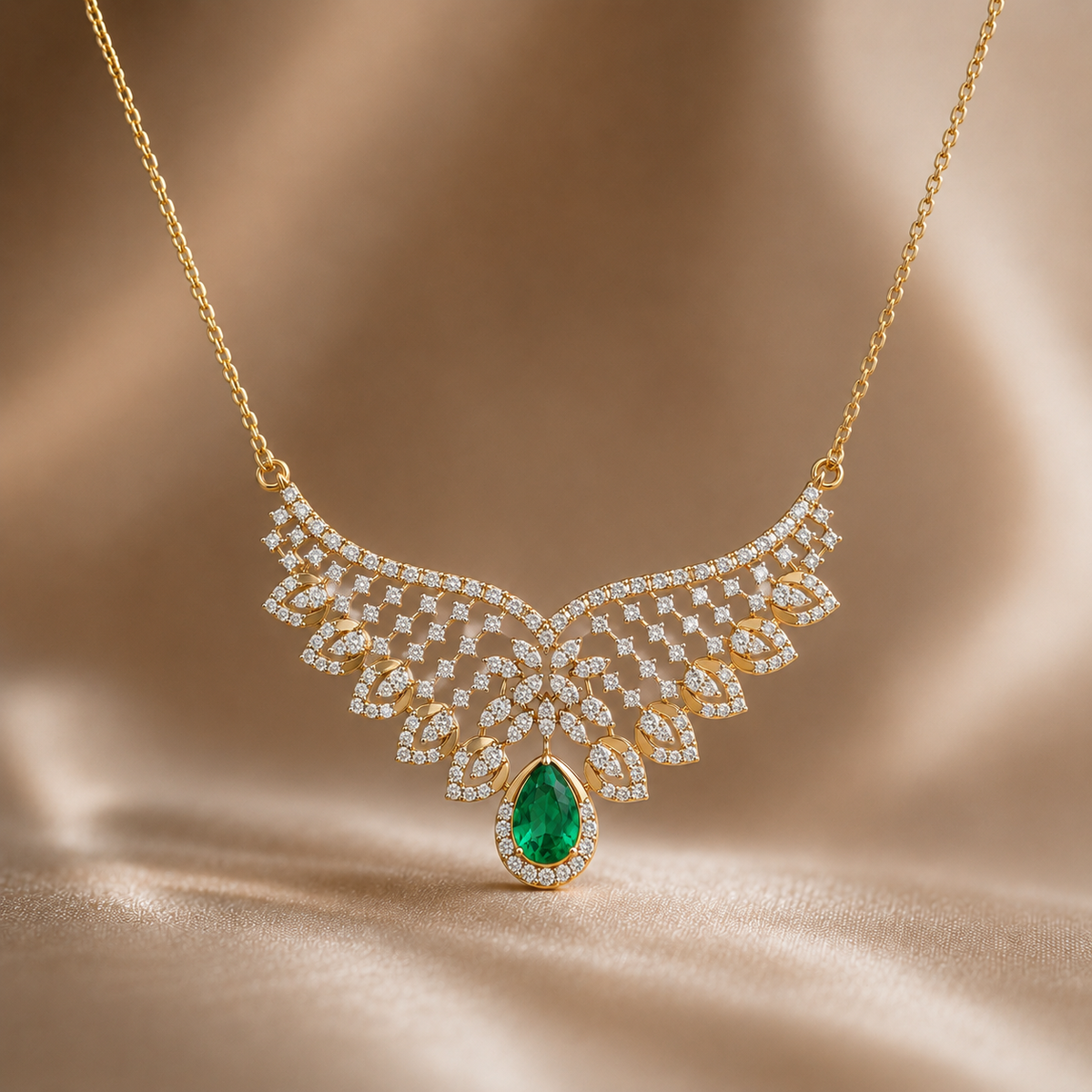 Discover The Pear Crest Heritage Mangalsutra Pendant, featuring a pear-cut emerald and 176 diamonds set in 14K or 18K gold. This artisan-crafted piece blends timeless tradition with contemporary luxury, making it an ideal statement for the modern bride. 