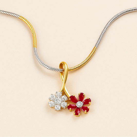Gold Diamond Ruby Red Floral Pendant