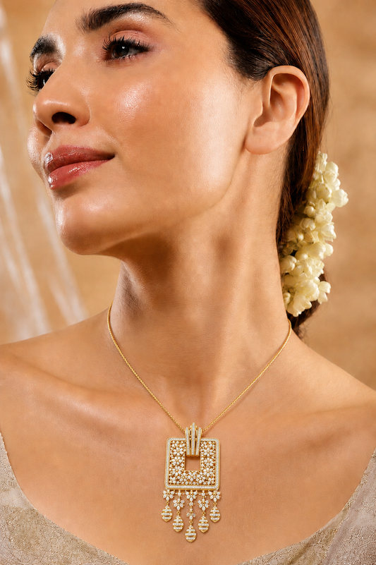 Shop the Royal Heirloom Diamond Pendant online. Featuring 84 brilliant-cut real diamonds in 18K & 14K BIS Hallmarked gold. A perfect statement piece for weddings, festive occasions, and bridal jewellery collections.