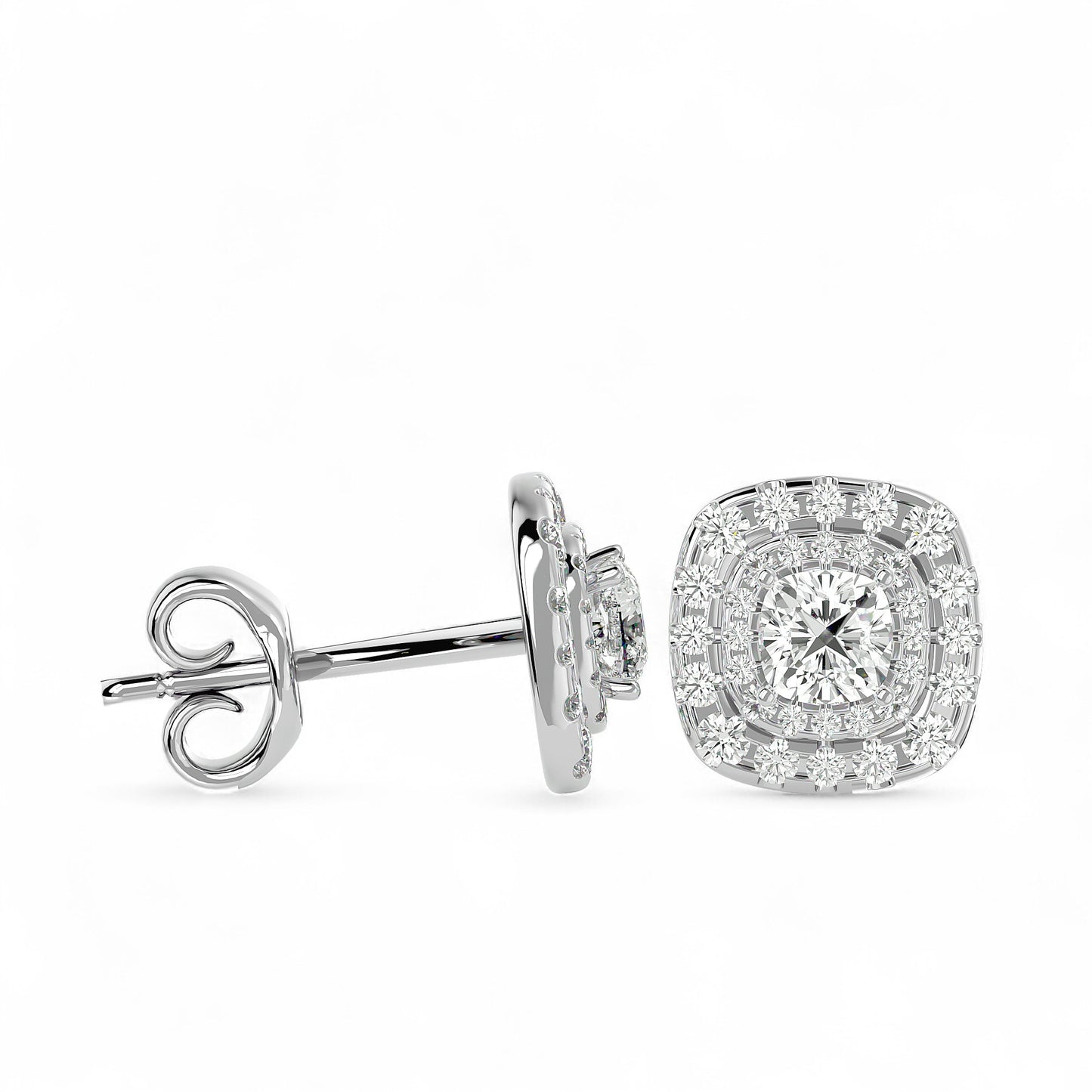 Cushion Double Halo Diamond Stud Earrings