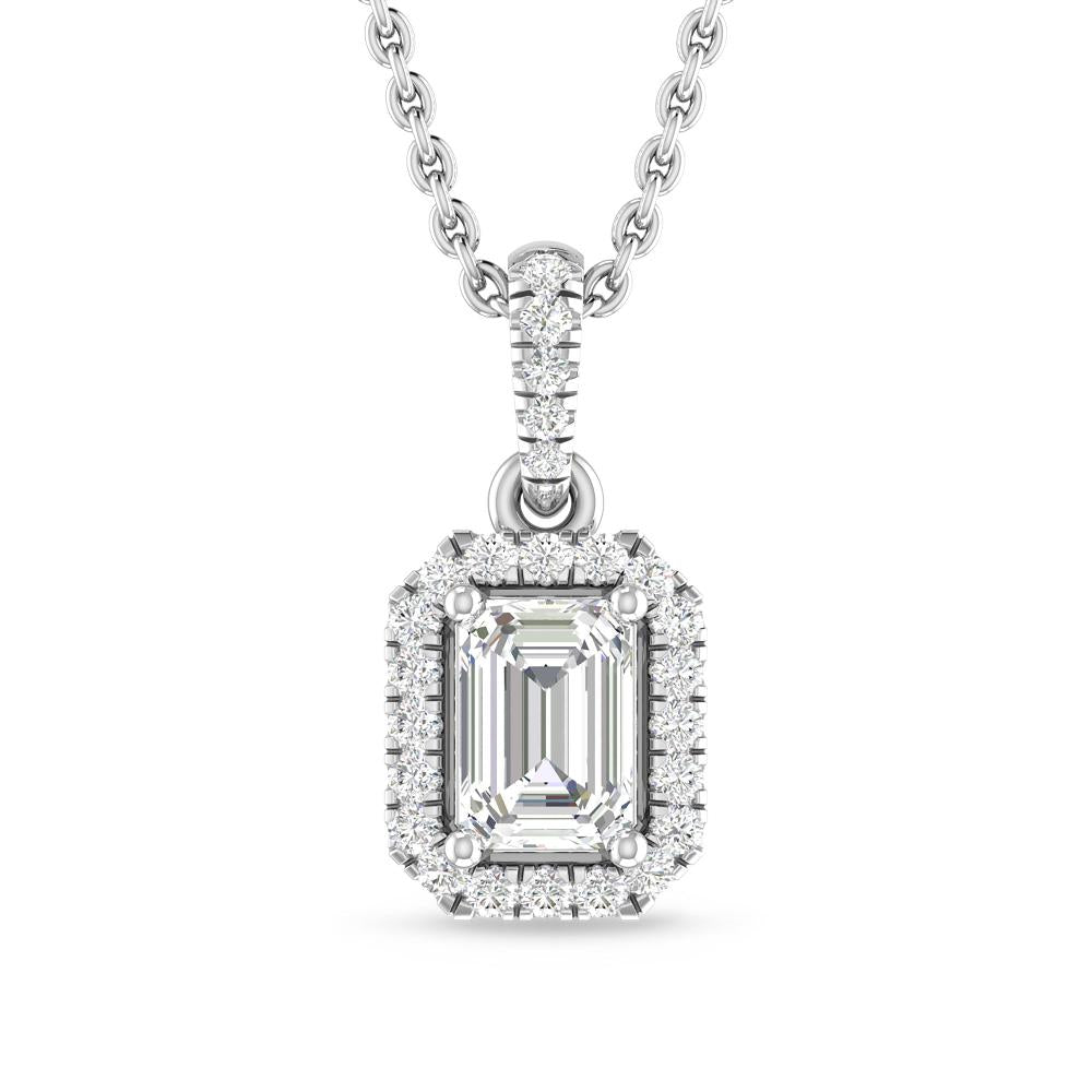 Emerald Cut Halo Diamond Pendant and Earrings Set
