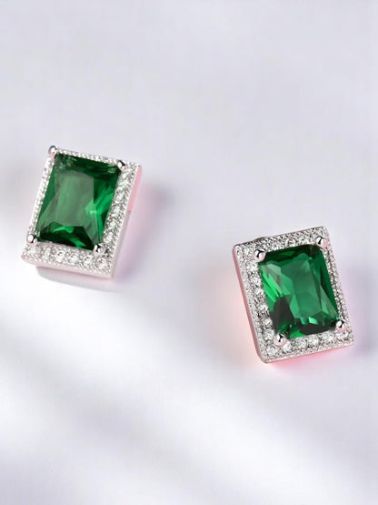 Green Emerald Halo Diamond Stud Earrings