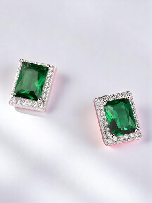 Green Emerald Halo Diamond Stud Earrings