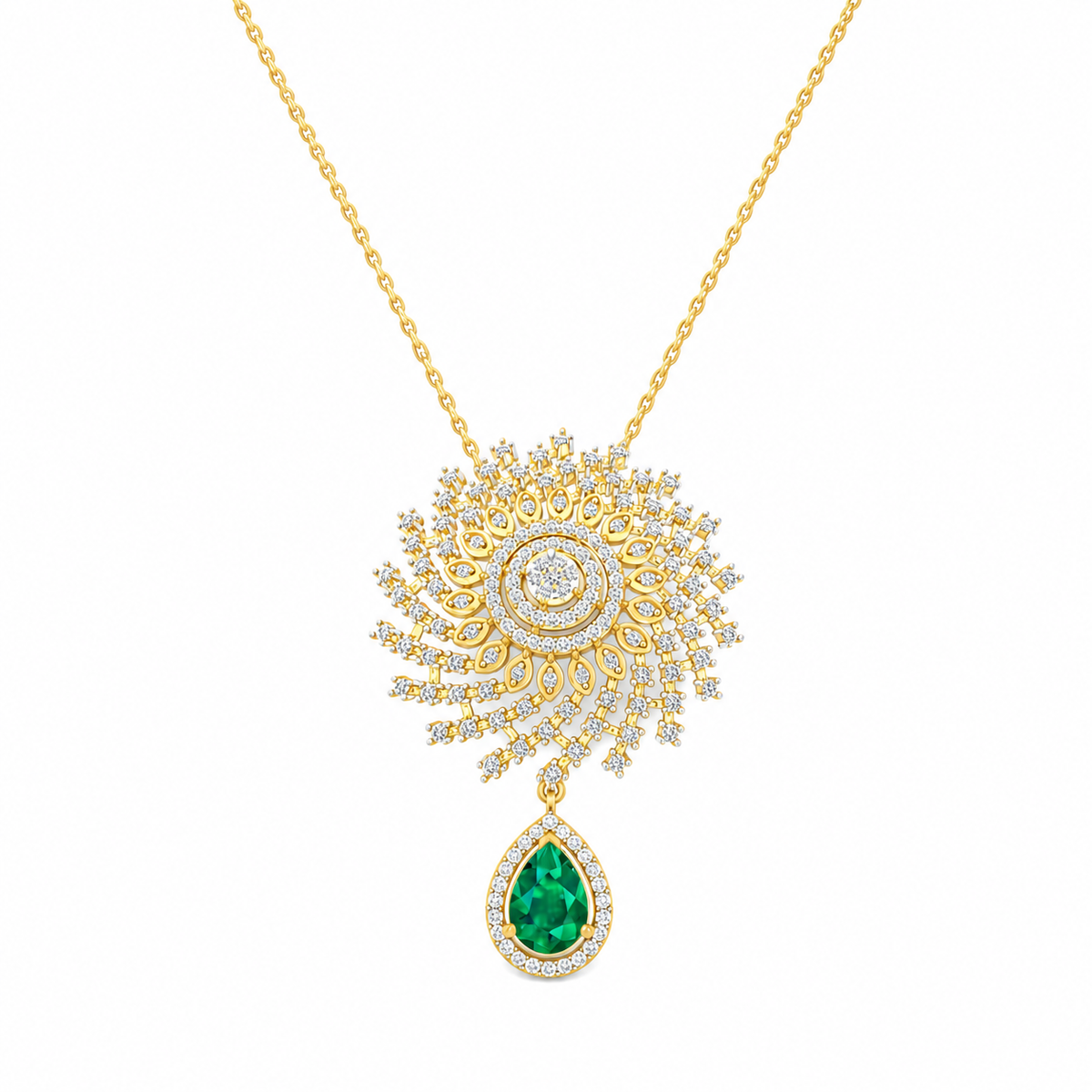 A masterful fusion of traditional mandala-inspired geometry and modern fine jewelry. This pendant uses intricate, multi-layered circular patterns and vibrant enamel to create a bold, cultural statement piece. Emphasizes the artistic and heritage aspect of the design rather than just the metal or stone.