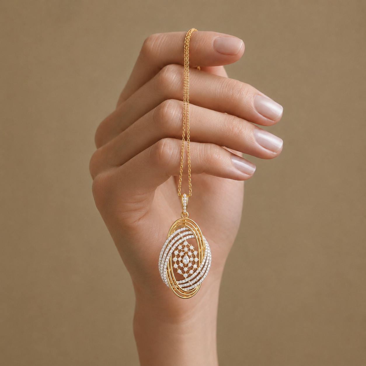 Elevate your look with the Ethereal Swirl Diamond Statement Pendant (PD 545). Featuring 164 diamonds and a pear-cut centerpiece in luxury gold. Shop this artisan design today.