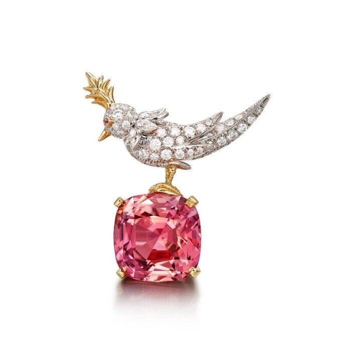 Whimsical Bird Pink Cushion-Cut Gemstone Brooch