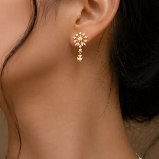 Discover The Articulate Flora Statement Diamond Earrings, featuring an elegant floral design with 26 brilliant diamonds. Handcrafted in 14K or 18K gold, these artisan-made earrings are the perfect blend of modern botanical design and refined luxury.