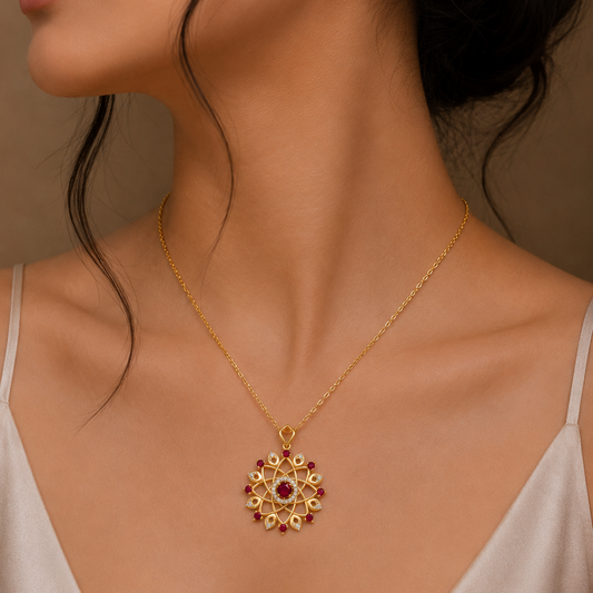 Adorn yourself with the timeless beauty of The Celestial Bloom Ruby & Diamond Pendant (Model PD3181). This exquisite piece features a stunning central ruby surrounded by brilliant diamonds and a unique, gold-crafted floral design. Perfectly balanced in 14kt or 18kt gold, this pendant combines traditional gemstone elegance with a contemporary, celestial flair. Whether as a meaningful gift or a signature addition to your own jewelry collection, this pendant is designed to captivate.