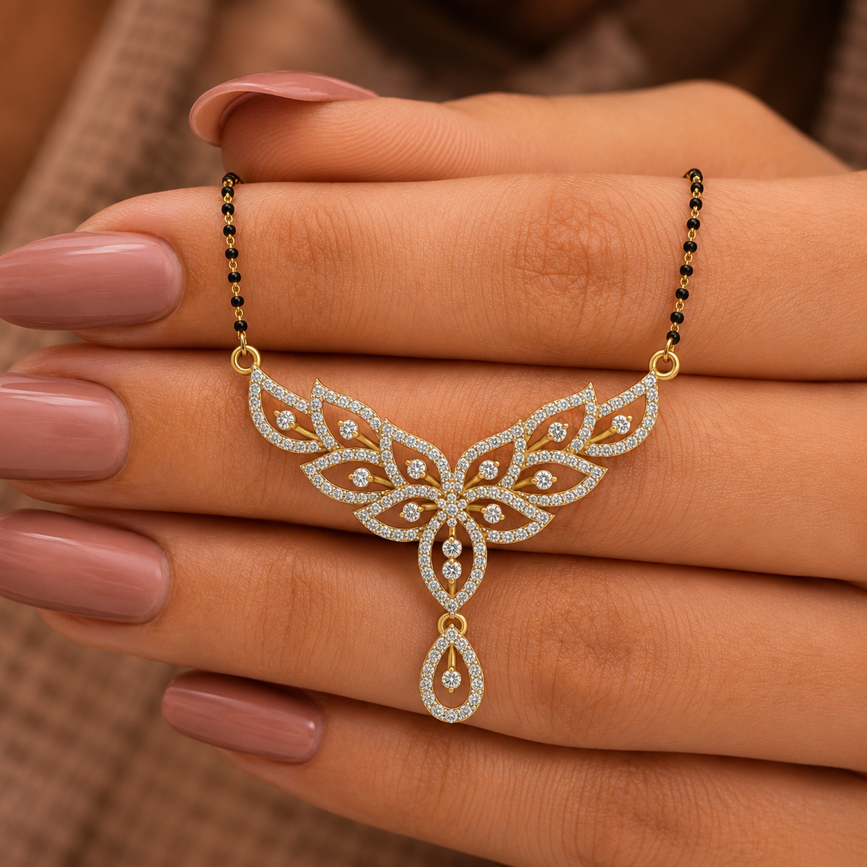 Elevate your bridal ensemble with The Celestial Lotus Petal Diamond Mangalsutra Pendant, featuring an ornate, 40mm wide floral design set with 165 brilliant diamonds. Available in 14K or 18K gold, this artisan-crafted piece serves as the ultimate symbol of grace and timeless festive luxury. 