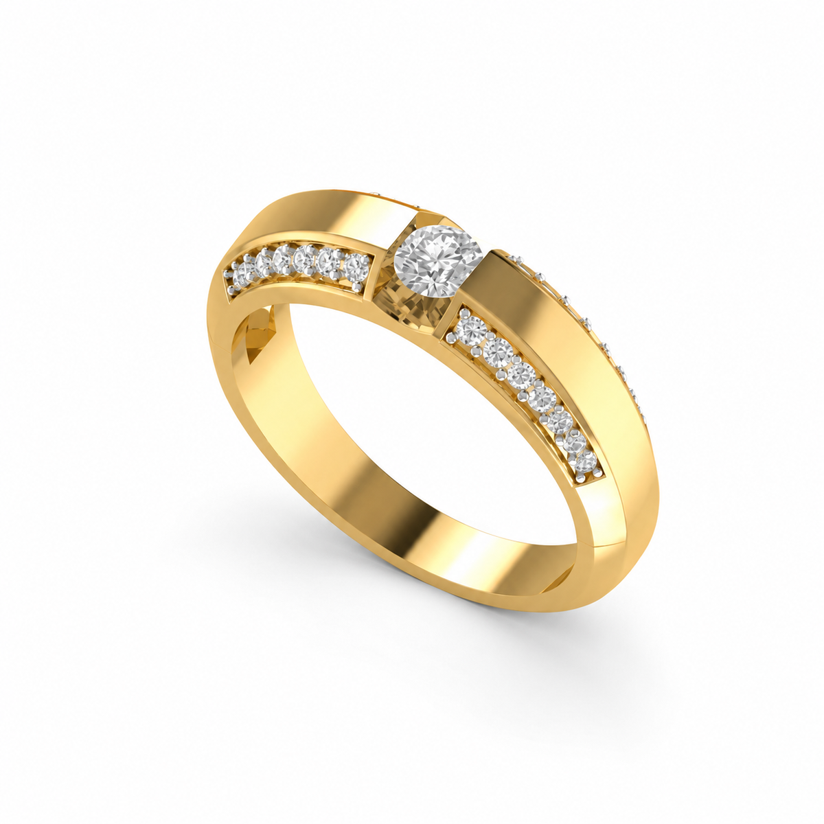Discover the Center Spotlight Band, a bold 14K or 18K gold ring featuring a brilliant central diamond and 28 sparkling accent stones. Perfect as a unique wedding band or contemporary statement piece.  Elevate your jewelry collection with this masterfully crafted gold design today.