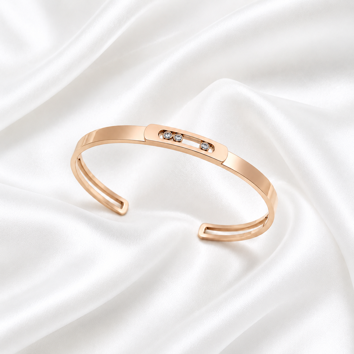 Discover The Floating Diamond Cuff Bracelet, a masterpiece of modern design. Featuring three brilliant-cut diamonds set in a sleek, open-cuff band of 14K or 18K gold, this artisan-crafted piece offers a sophisticated, minimalist aesthetic. Perfect for those who value architectural luxury. 