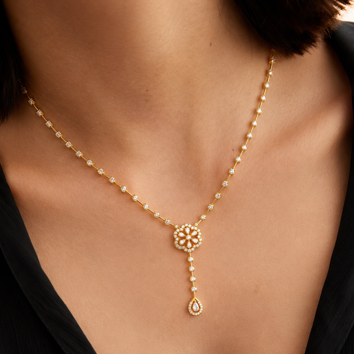 Discover The Floral Bloom Diamond Drop Necklace, crafted for timeless elegance in BIS Hallmarked 14K or 18K gold. Featuring 74 certified real lab-grown or natural diamonds, this piece is designed for everyday luxury, meaningful gifting, and those who seek distinctive, artisan-made fine jewelry.