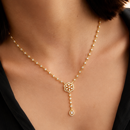 Discover The Floral Bloom Diamond Drop Necklace, crafted for timeless elegance in BIS Hallmarked 14K or 18K gold. Featuring 74 certified real lab-grown or natural diamonds, this piece is designed for everyday luxury, meaningful gifting, and those who seek distinctive, artisan-made fine jewelry.