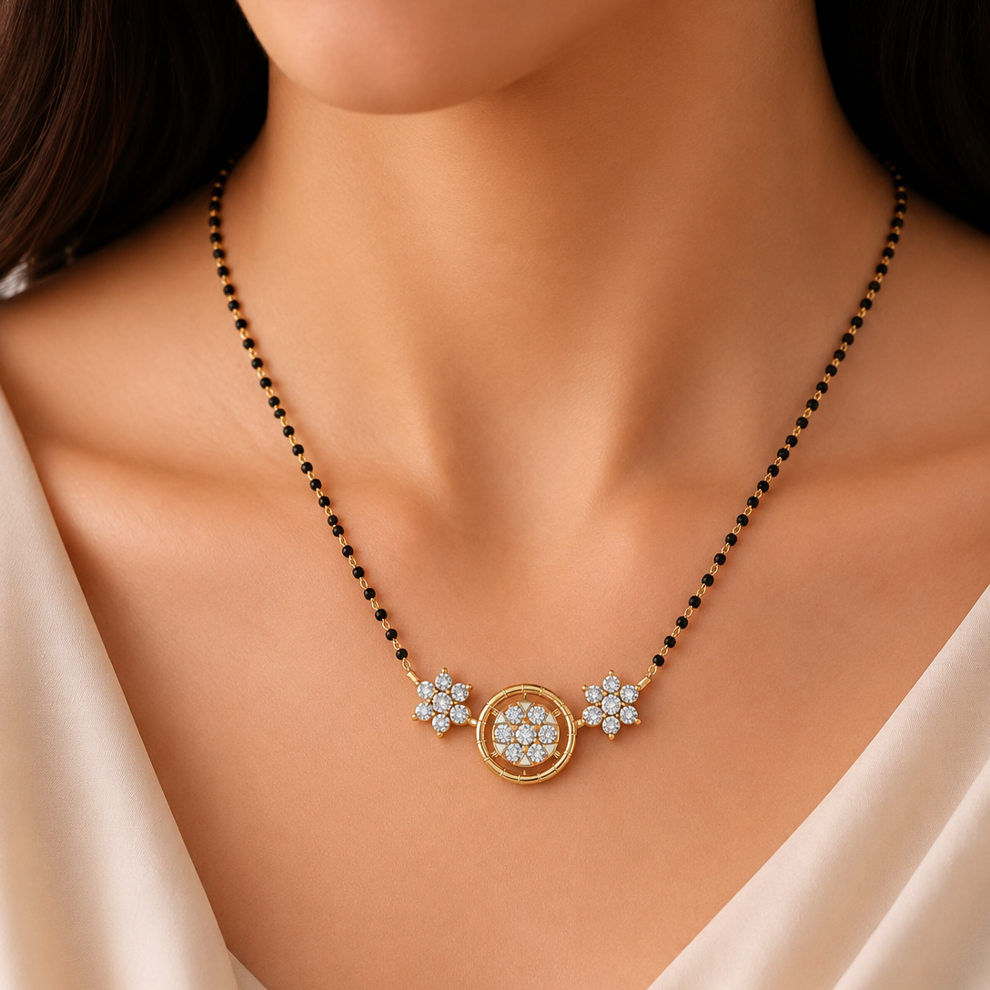 Elevate your radiance with The Floral Solstice Diamond Mangalsutra and Earring Set. Boasting 35 total brilliant diamonds set in BIS-hallmarked 14K& 18K gold, this set is the perfect fusion of modern grace and traditional charm.