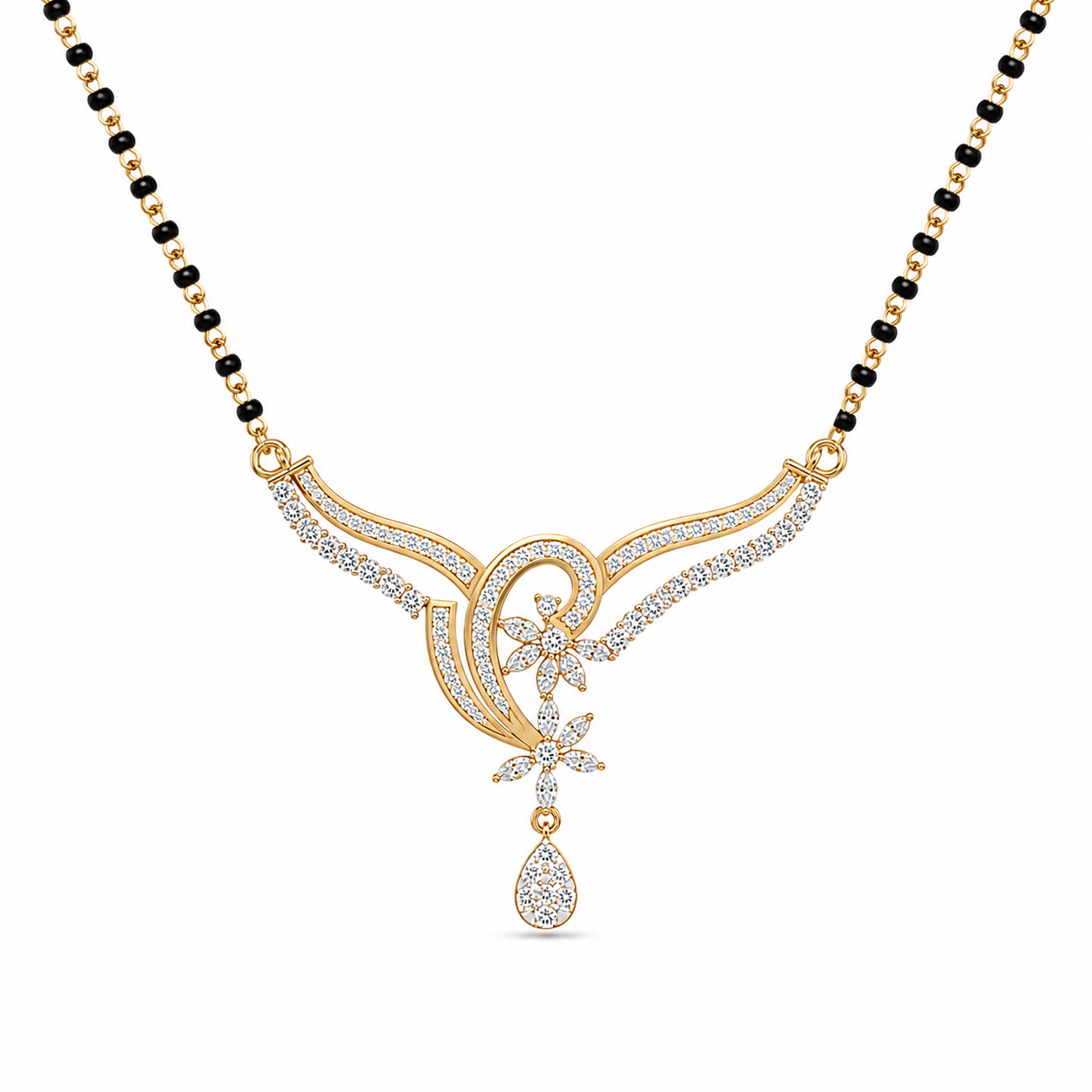 Grace your neckline with The Floral Swirl Heritage Diamond Mangalsutra Pendant, featuring an ornate 43mm wide design set with 74 brilliant diamonds. Available in 14K or 18K gold, this artisan-crafted piece is a breathtaking symbol of bridal grace and timeless elegance. 