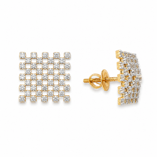 Discover The Geometric Grid Statement Earrings, a luxury artisan piece featuring 82 diamonds and premium 14K or 18K gold. Perfect for collectors seeking unique, high-fashion, and architectural fine jewelry.