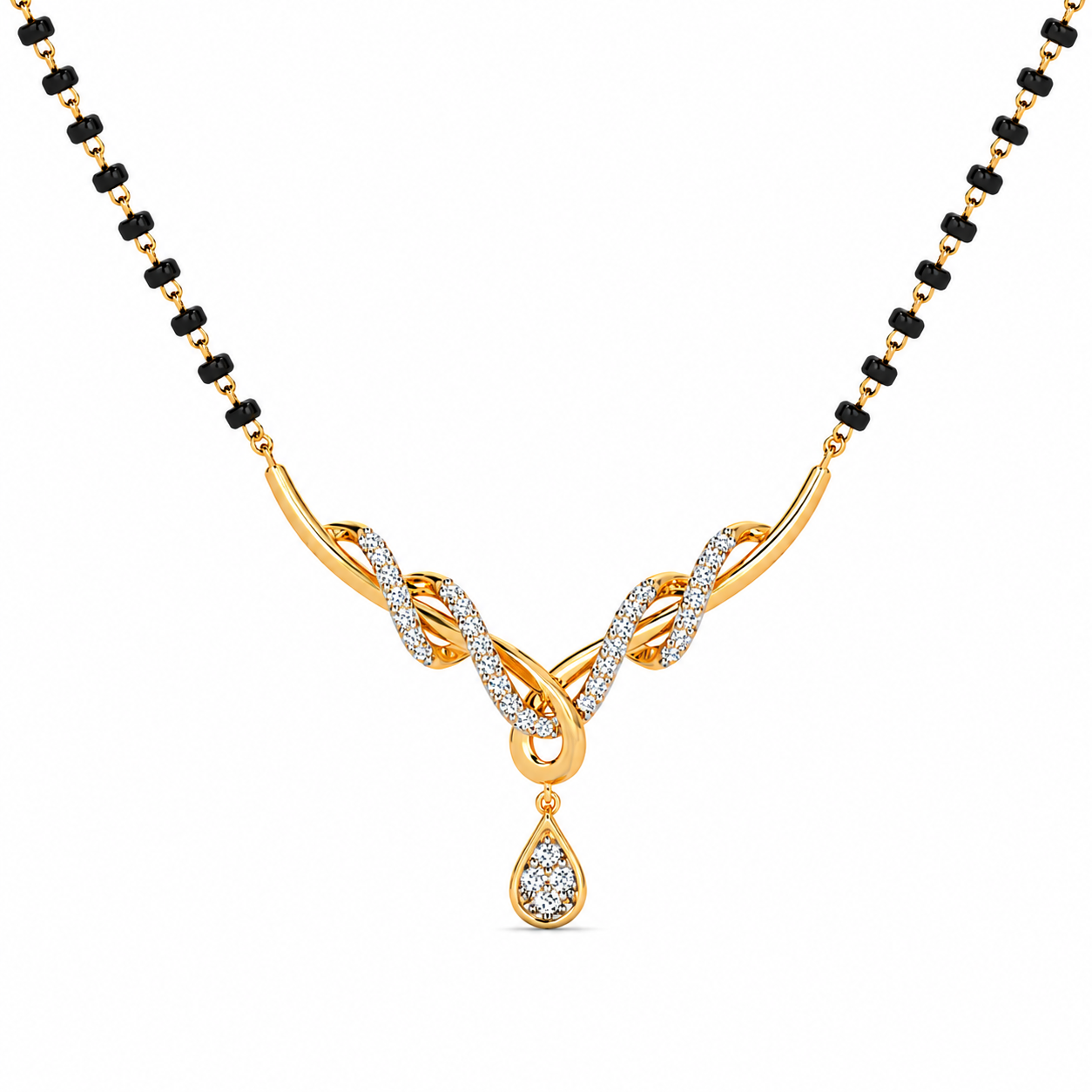 Discover The Graceful Intertwined Serpentine Diamond Mangalsutra Pendant, featuring an elegant vine-inspired design with 40 brilliant diamonds. Handcrafted in 14K or 18K gold, this artisan-made piece is the perfect blend of modern aesthetic and timeless luxury for special occasions.