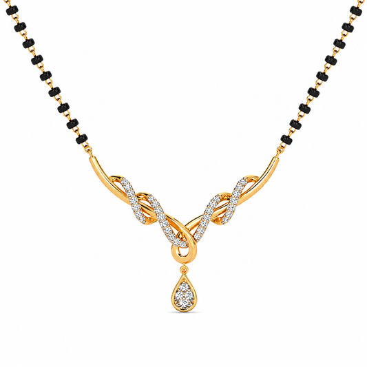 Discover The Graceful Intertwined Serpentine Diamond Mangalsutra Pendant, featuring an elegant vine-inspired design with 40 brilliant diamonds. Handcrafted in 14K or 18K gold, this artisan-made piece is the perfect blend of modern aesthetic and timeless luxury for special occasions.
