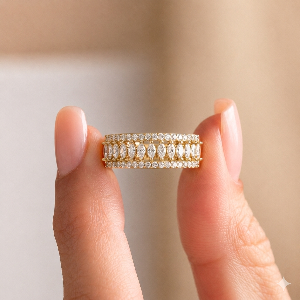 Elevate your style with The Marquise Serene Vine Ring. Featuring a captivating blend of 15 marquise-cut and 36 round diamonds, this artisan-crafted band in 14K or 18K gold presents a sophisticated, vine-inspired aesthetic. Ideal for high-end gifting or as a unique statement stackable ring.