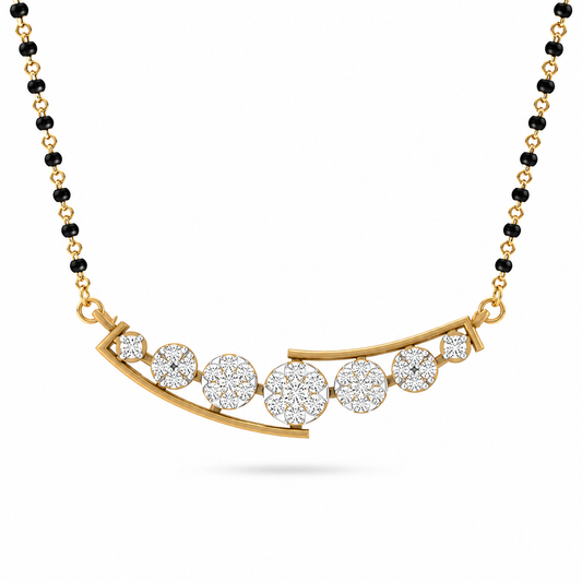 Elevate your bridal radiance with The Radiant Cluster Horizon Diamond Mangalsutra Set, featuring a delicate 33mm wide curved design embellished with 67 total brilliant diamonds across the pendant and earrings. Available in 14K or 18K gold, this artisan-crafted set is the ultimate fusion of modern style and traditional grace. 