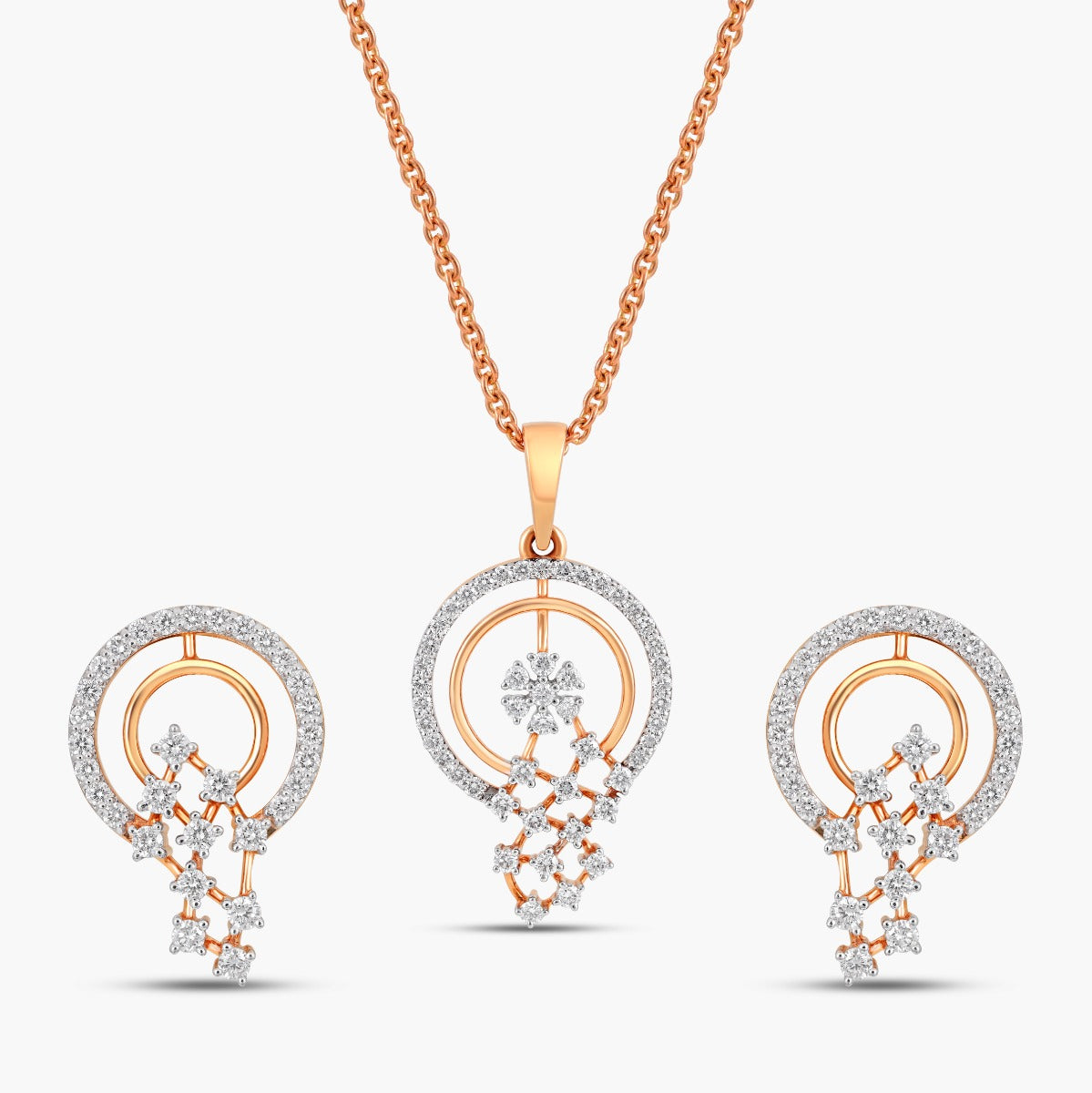 Discover The Radiant Halo Cascade Diamond Pendant and Earring Set, featuring 114 brilliant diamonds set in BIS-hallmarked 14K or 18K gold. This set is an exquisite choice for any special occasion