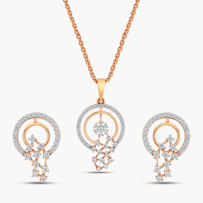 Discover The Radiant Halo Cascade Diamond Pendant and Earring Set, featuring 114 brilliant diamonds set in BIS-hallmarked 14K or 18K gold. This set is an exquisite choice for any special occasion