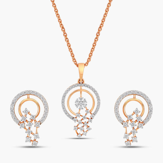 Discover The Radiant Halo Cascade Diamond Pendant and Earring Set, featuring 114 brilliant diamonds set in BIS-hallmarked 14K or 18K gold. This set is an exquisite choice for any special occasion