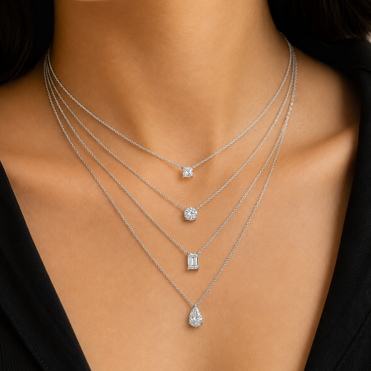 Elevate your accessory collection with The Rhythm Multi-Strand Necklace & Drop Earring Set. This expertly designed set features a cascading four-tier necklace and matching drop earrings, each showcasing uniquely cut stones that capture the light from every angle. Perfectly balanced to offer a modern, multi-dimensional look, this set is an ideal choice for transitioning from daytime professional wear to evening elegance. Discover the harmonious blend of style and brilliance in this signature collection.