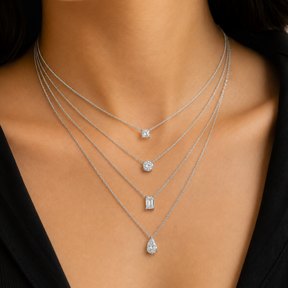 Elevate your accessory collection with The Rhythm Multi-Strand Necklace & Drop Earring Set. This expertly designed set features a cascading four-tier necklace and matching drop earrings, each showcasing uniquely cut stones that capture the light from every angle. Perfectly balanced to offer a modern, multi-dimensional look, this set is an ideal choice for transitioning from daytime professional wear to evening elegance. Discover the harmonious blend of style and brilliance in this signature collection.