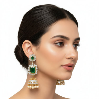 Green Gem Stone Bridal Jhumka Earrings
