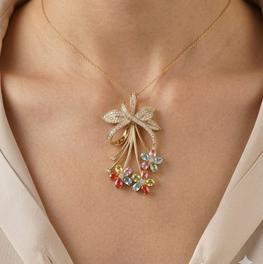 The Floral Bouquet Multi-Gemstone & Diamond Statement Pendant Cum Brooch