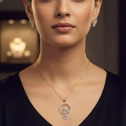Radiant Halo Cascade Diamond Pendant and Earring Set