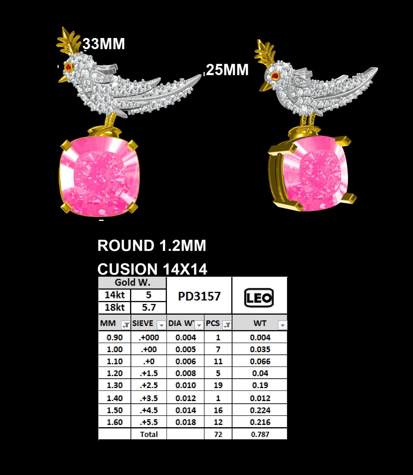 Whimsical Bird Pink Cushion-Cut Gemstone Brooch