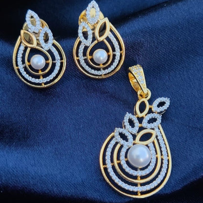 Exquisite Pearl & Diamond Teardrop Pendant and Earring Set