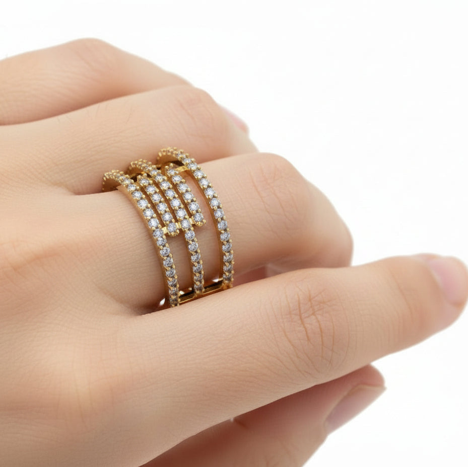 Multi Row Diamond Band Bold Statement Gold Ring
