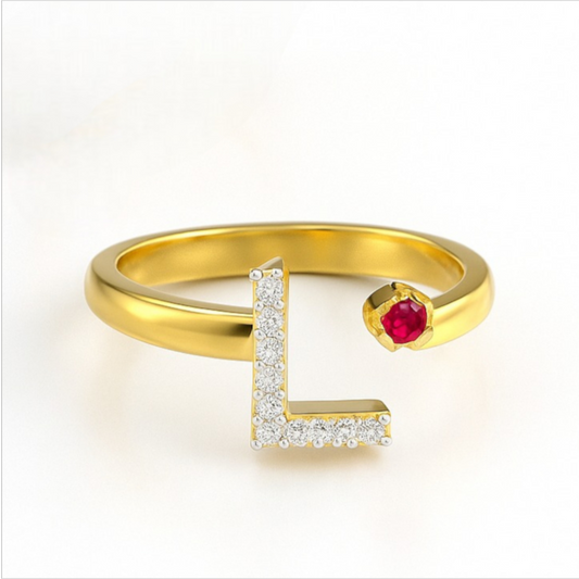 Initial "L" Diamond Ring with Ruby Accent
