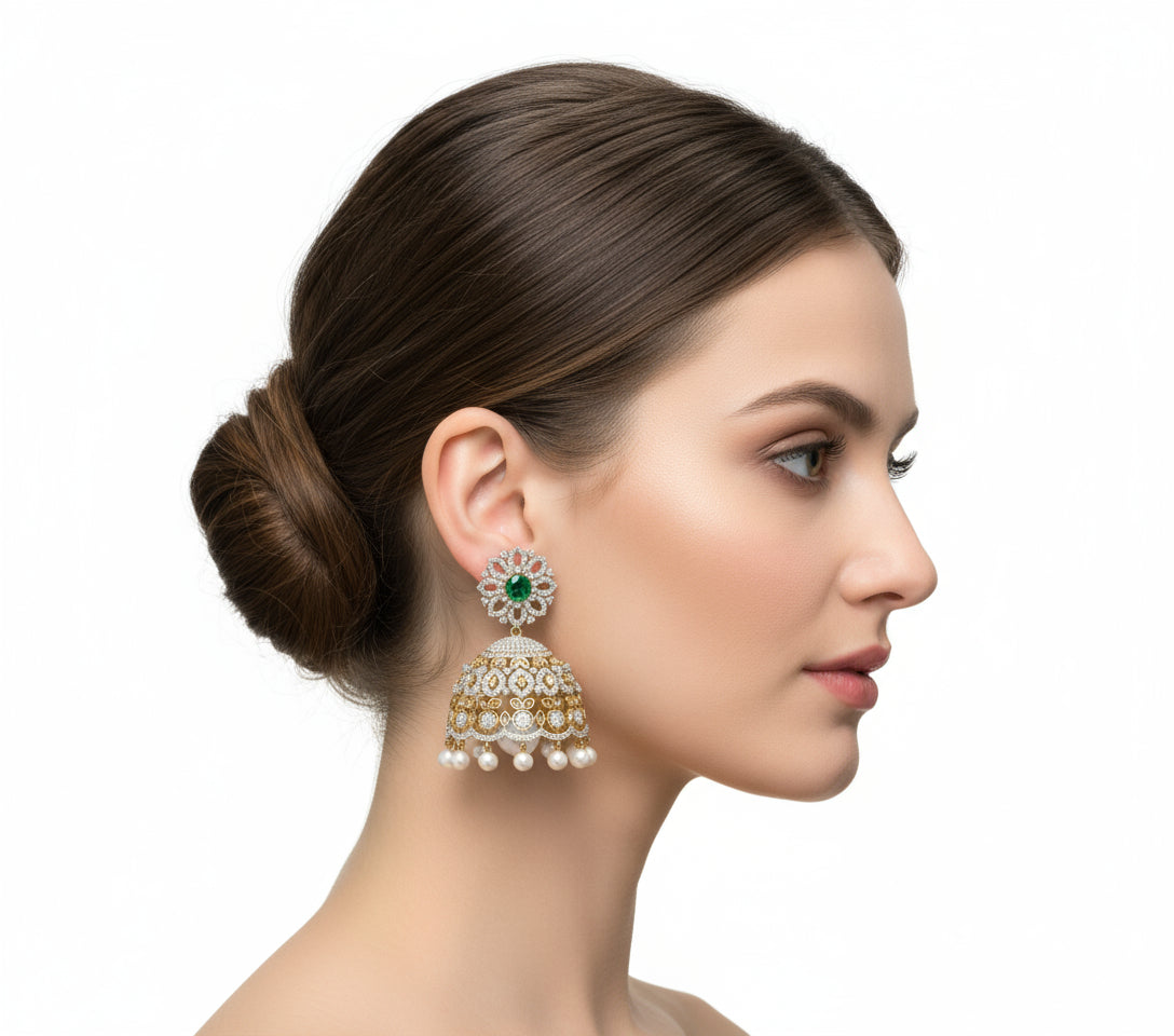 Green Round Gemstone Jhumka Earrings